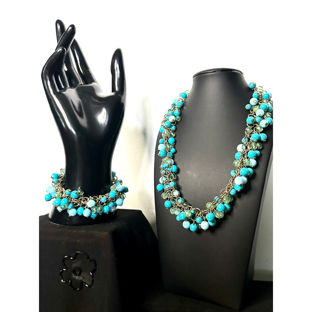 Turquoise Blue Green Beaded Cluster Necklace and Bracelet Set Gold Tone Boho